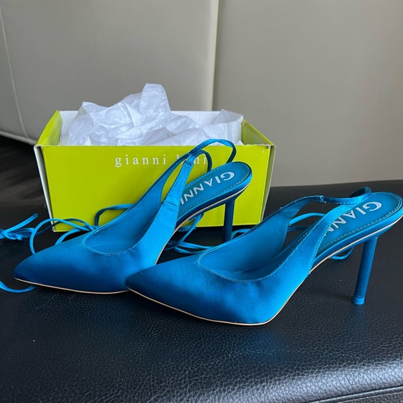 GIANNI BINI Blue Sirfeenah Satin Pointed Toe Ankle Wrap Pumps ⚡️Flash Sale⚡️ - Picture 4 of 7
